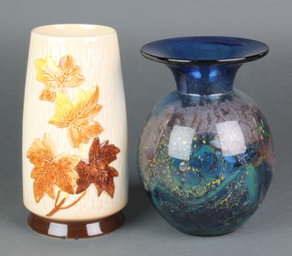A Sylvac leaf vase of tapered form 8" and a studio blue glass vase 7 1/2" 