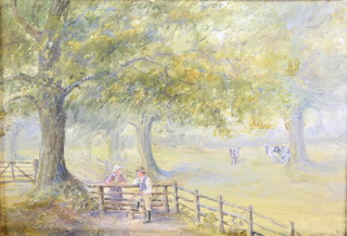 B Russell, 19th Century oils on panel, a pair, signed, study of figures beside a pond and farming figures beside a gate 6 1/2" x 9 1/2" 