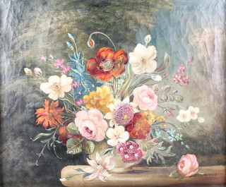 19th Century oil on canvas, unsigned, still life study of a vase of spring flowers 17 1/2" x 21" 