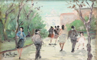 20th Century oils, Continental street scenes with figures  5 1/2" x 4 1/2" and 3 1/2" x 5"  