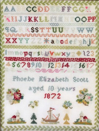 A 19th Century sampler with alphabets and figures by Phoebe Elizabeth Scott, Aged 10 years, 1872 with buildings ships, trees and flowers in a leaf border 15 1/2" x 12" 