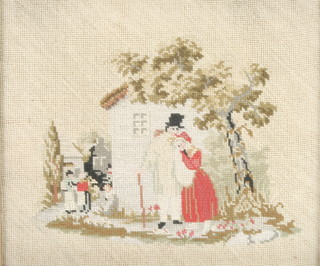 A 19th Century woolwork panel of figures before a house 8" x 9 1/2 