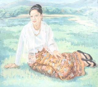 Sylvia Malloy, oil on canvas, signed, a study of a Burmese lady in an extensive landscape  36" x 39" 