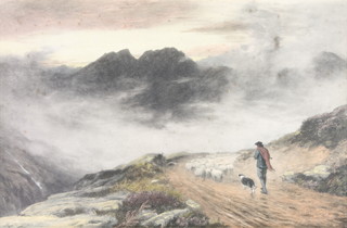 J MacWhirter, a coloured print "Evening Mists Isle of Skye", study of shepherd and flock on a misty mountain path, signed MacW 16" x 25" 