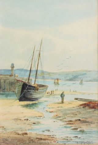K Macauley, watercolour, signed, study of figures and vessels on a Cornish? inlet 10 1/2" x 7" 