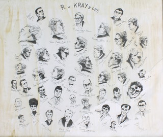 I L 1969 print, R V Kray and Ors, cartoon studies of the Kray Twins and barristers etc 19" x 23" 