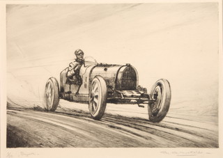 Roy Nockolds, etching, signed in pencil, study of a Bugatti 1/50, unframed 7 1/2" x 10" 
