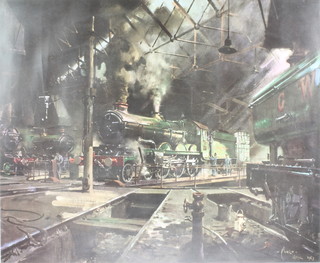 Terence Cuneo, a coloured print, study of a railway shed, unsigned 24" x 29" 
