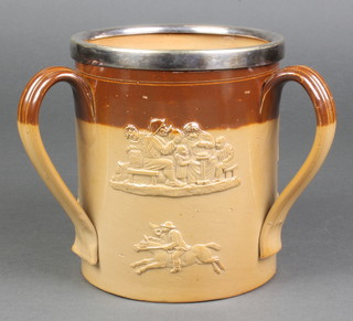 A Doulton Lambeth 3 handled mug with hunting scene and plated lip 6" 
