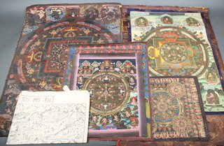 19th Century Indian watercolour, a tanka with seated deities and a central medallion, unframed 24" x 16", a ditto 19" x 22" and 3 other painted tankas 49" x 12", 16" x 13" and 19" x 15 1/2" together with a printed map 