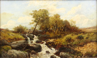 W Manners 1891, oil on board, signed, a rural stream with a figure of a bridge 7" x 12" 
