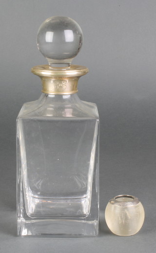 A modern square spirit decanter and stopper with silver collar, a silver mounted spherical match striker 1 1/2" 