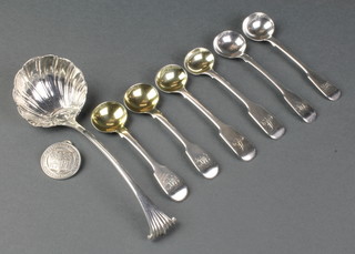 A pair of Victorian silver fiddle pattern mustard spoons and 4 others, a serving spoon and sports medallion, 100 grams 