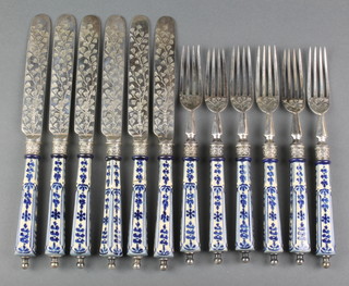 A set of 6 silver plated chased dessert eaters with Delft square tapered handles decorated with formal floral motifs 