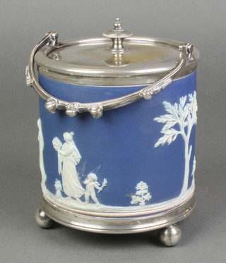 A Wedgwood blue Jasperware biscuit barrel with plated mounts and swing handle 