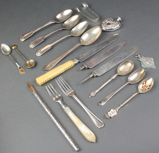A pair of silver nips and minor spoons etc, weighable silver 240 grams