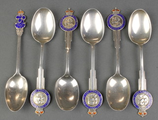 6 enamelled silver 1937 Coronation teaspoons, Birmingham 1936 100 grams 