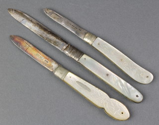 3 silver and mother of pearl fruit knives 