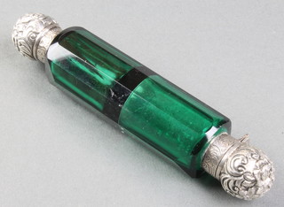 A Victorian silver mounted double ended green glass scent bottle 5 1/2" 