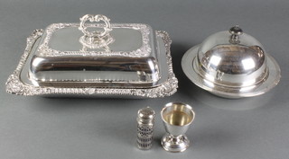 A silver plated muffin dish and cover, an entree and 2 other items 