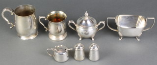 A silver plated baluster mug and minor plated items 