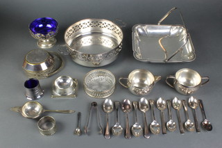 A silver plated 3 handled basket and minor plated items