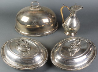 A pair of silver plated entree sets, a ditto meat cover and a jug 