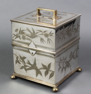 An Edwardian silver plated chased 4 bottle decanter box, decorated with birds and leaves on bun feet, enclosing 4 cut glass spirit decanters and stoppers, inscribed Hardy Bros. Hunter Street, Sydney, 12" 