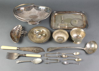 A silver plated swing handled basket and minor plated items 