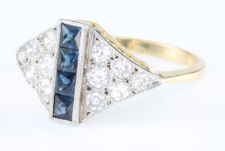 An 18ct white gold Art Deco style sapphire and diamond ring, size M 1/2