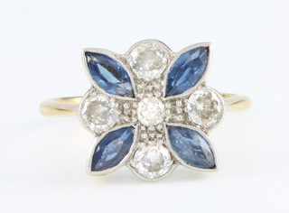 An Edwardian 18ct yellow gold platinum diamond and sapphire floral ring size M 