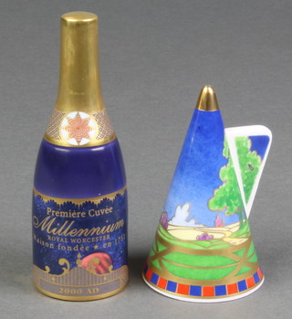 2 Royal Worcester candle snuffers Premier Cuvee Millennium Royal Worcester  2000 AD 4 1/2" and Lazy Days circa 1930 commemorating the 250th anniversary of Royal Worcester 3 1/2" 