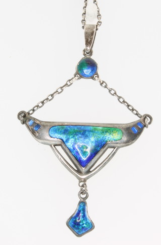 A silver and enamelled Charles Horner Art Nouveau pendant on chain 