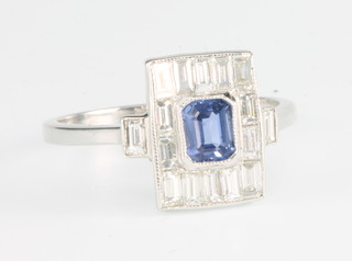 An 18ct white gold Art Deco style sapphire and diamond ring size O 1/2