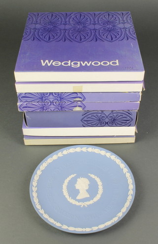 A Wedgwood blue Jasperware commemorative wall plate 1977 Silver Jubilee and 8 others