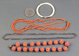 A coral 3 string necklace and minor costume jewellery including a silver Albert