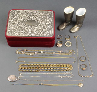 Minor costume jewellery contained in a repousse mirrored jewellery box 