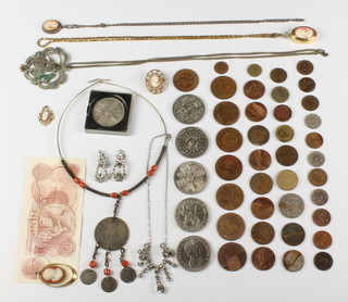 A collection of costume jewellery and coins 