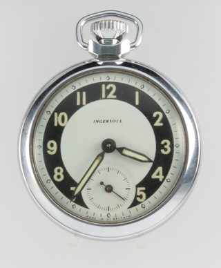 An Art Deco chromium cased black dial Ingersoll pocket watch with seconds at 6 o'clock, a white dial ditto