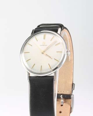 A gentleman's steel cased Omega wristwatch on a leather strap