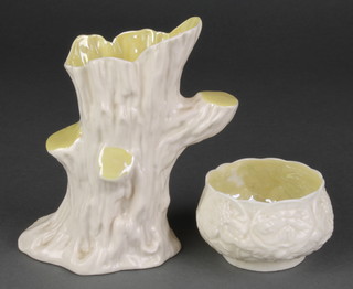 A Belleek green mark vase in the form of a tree stump 7", a ditto black mark leaf pattern bowl 3 1/2" 