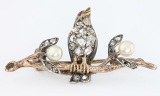 A Victorian yellow gold novelty bar brooch set with diamonds, rubies and cultured pearls in the form of a bird sitting on a branch 