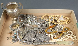A silver charm bracelet, minor costume jewellery and silver ware 