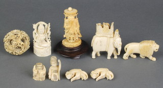 A carved ivory chess piece in the form of a standing gentleman 3", minor carved figures 