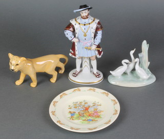 A German figure King Henry VIII 8", a Beswick lion cub 7", a Nao group of geese and a Bunnykins plate