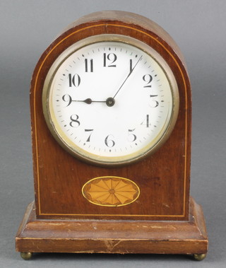 Albert Villon, a 1930's bedroom timepiece with paper dial and Arabic numerals contained in an arch shaped mahogany case 7" 
