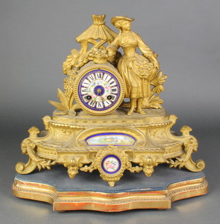 A 19th Century French 8 day striking mantel clock contained in a gilt spelter case decorated a standing lady gardener with porcelain dial 