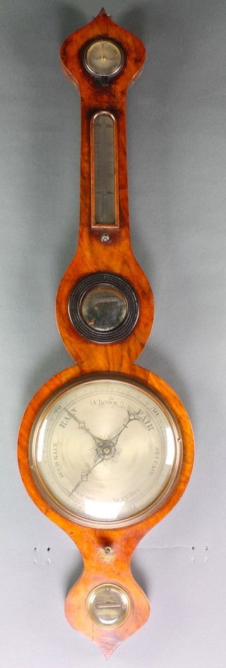 J Ruickbie of Innerleithen, an 18th Century mercury wheel barometer and thermometer with damp/dry indicator, mirror and spirit level, contained in a mahogany wheel case 