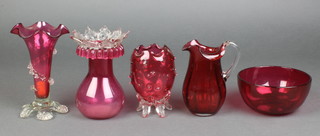 A Victorian cranberry glass vase with clear glass lip 5 1/2", 4 other cranberry items