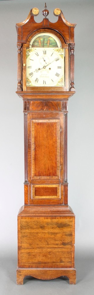 Belloni of Shaftesbury, an 18th Century 8 day striking longcase clock, the 12" arch shaped dial painted a pendulum indicator in the form of a standing Adam and Eve with subsidiary second hand and calendar aperture, contained in an oak and mahogany crossbanded case, 87"h  including the finial 